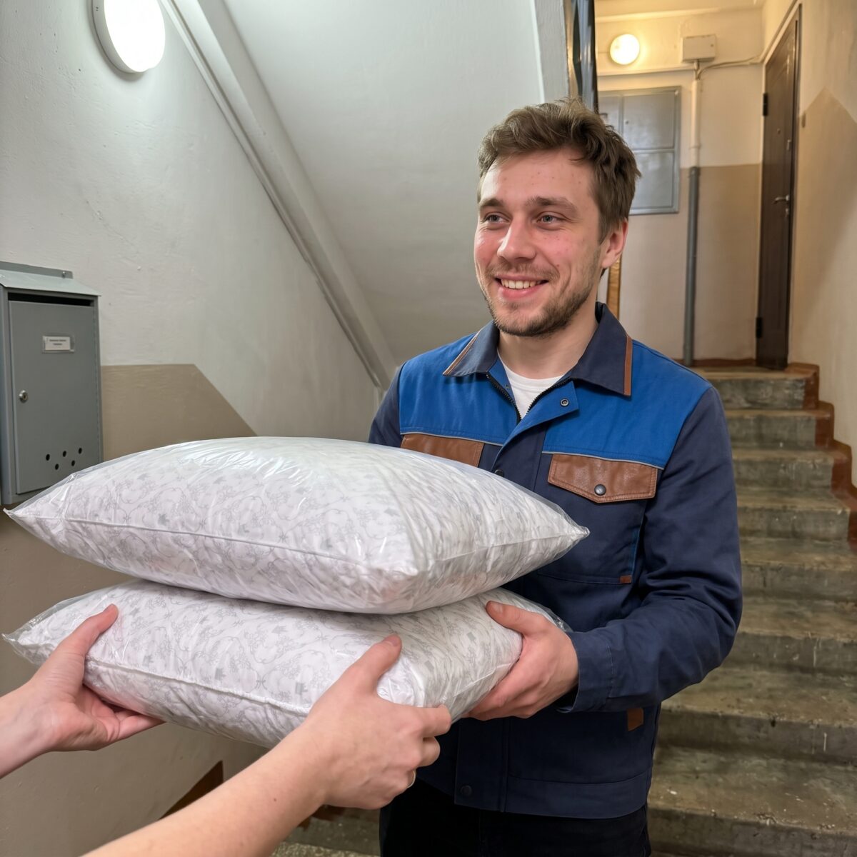 Возврат обработанных подушек курьером у двери